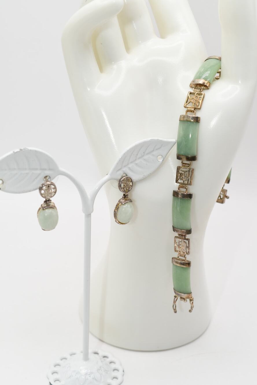 Vintage 925 Jade Panel Bracelet & Jade Drop Earrings Set Asian Motif